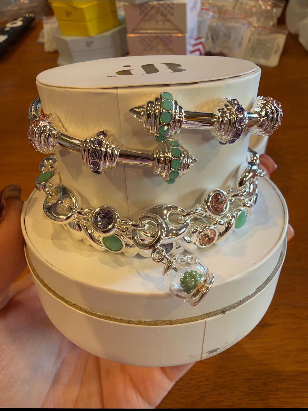 Silver-Tone Multi-Accent Bracelet Set with Green and Purple Stones